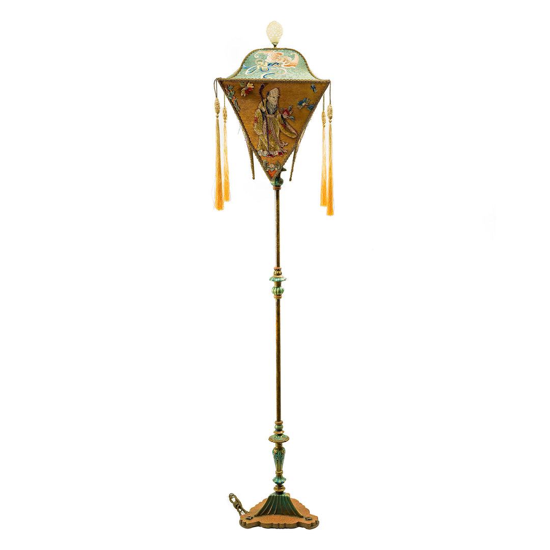 Antique hand-embroidered floor lamp with Oriental-inspired motifs