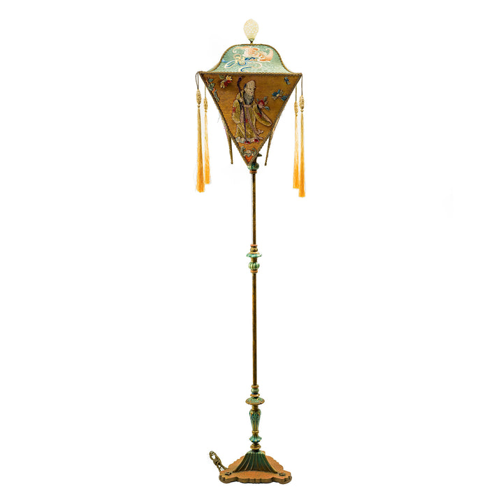 Antique hand-embroidered floor lamp with Oriental-inspired motifs