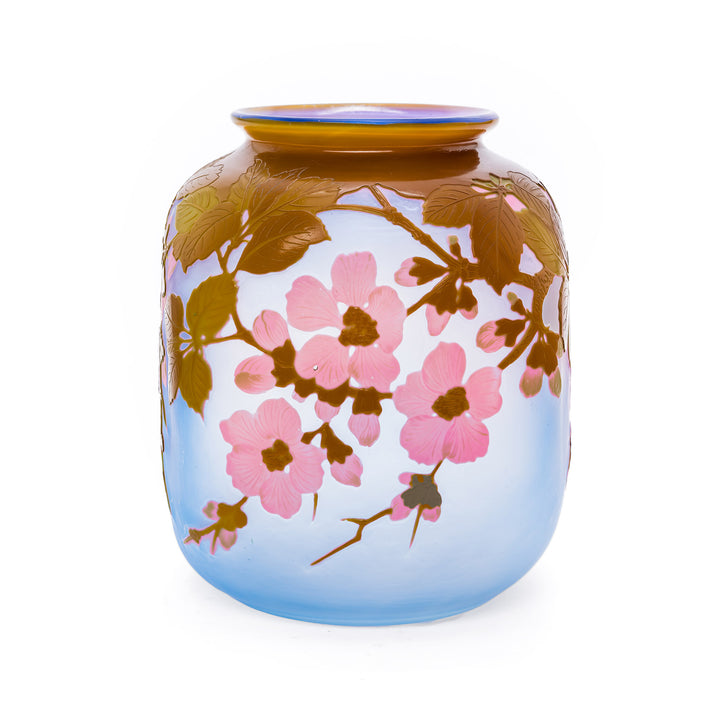 Art Nouveau floral vase in blue and amber glass