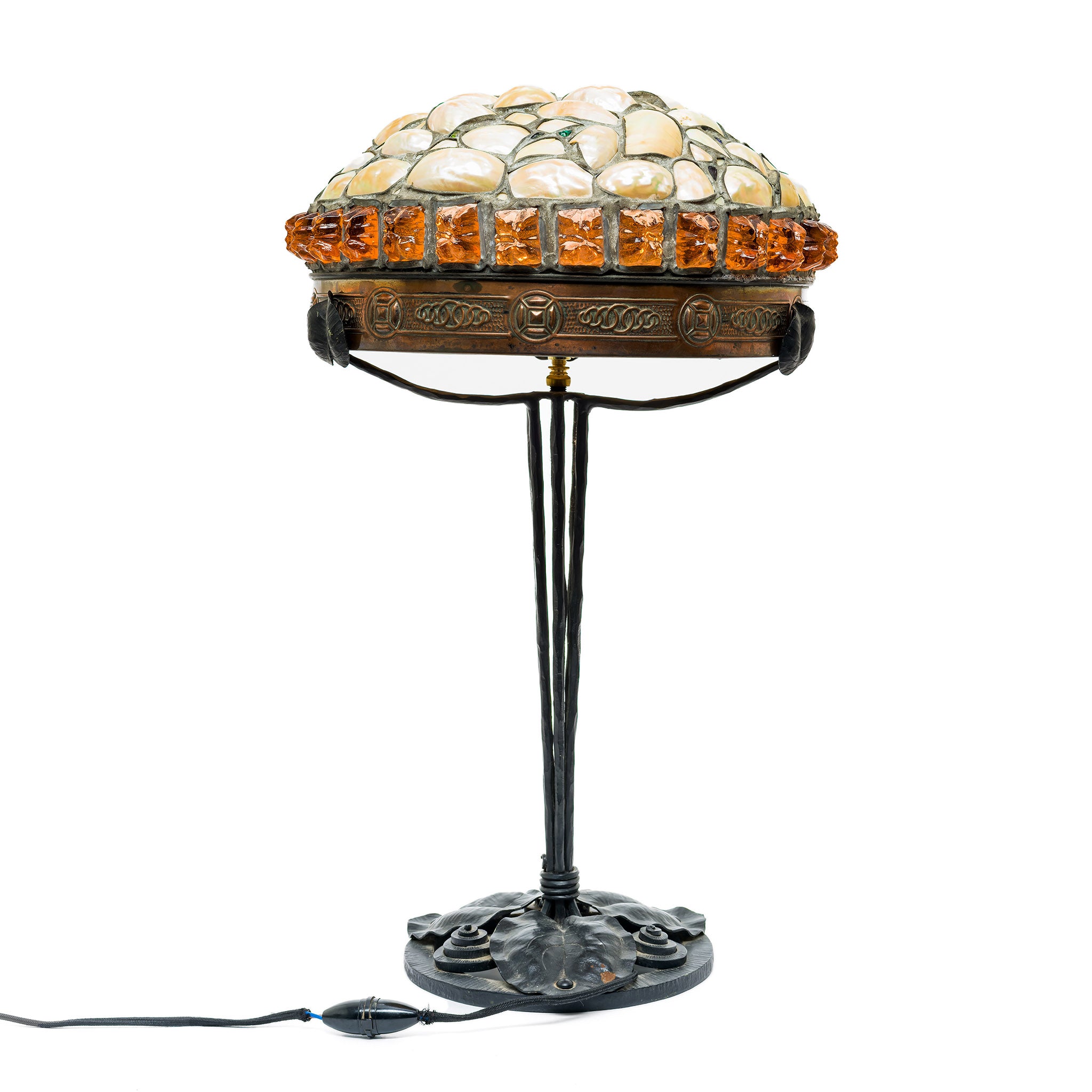 Antique Austrian Shell Mosaic & Amber Jewel Lamp