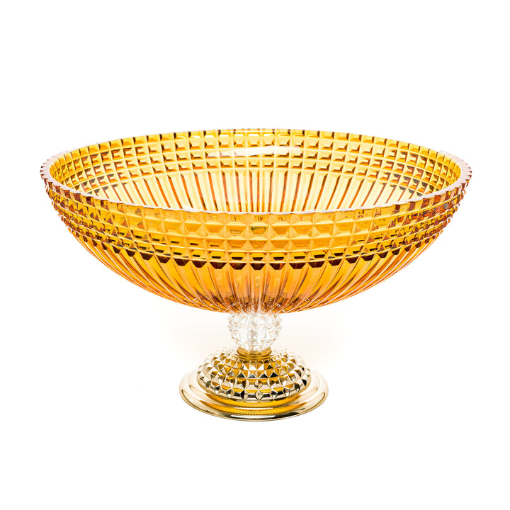 Bacino Amber Crystal Bowl, featuring a radiant amber design with intricate geometric patterns, imported from Italy.