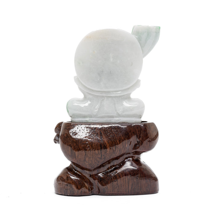 Back of jade Bodhisattva figure on wooden base