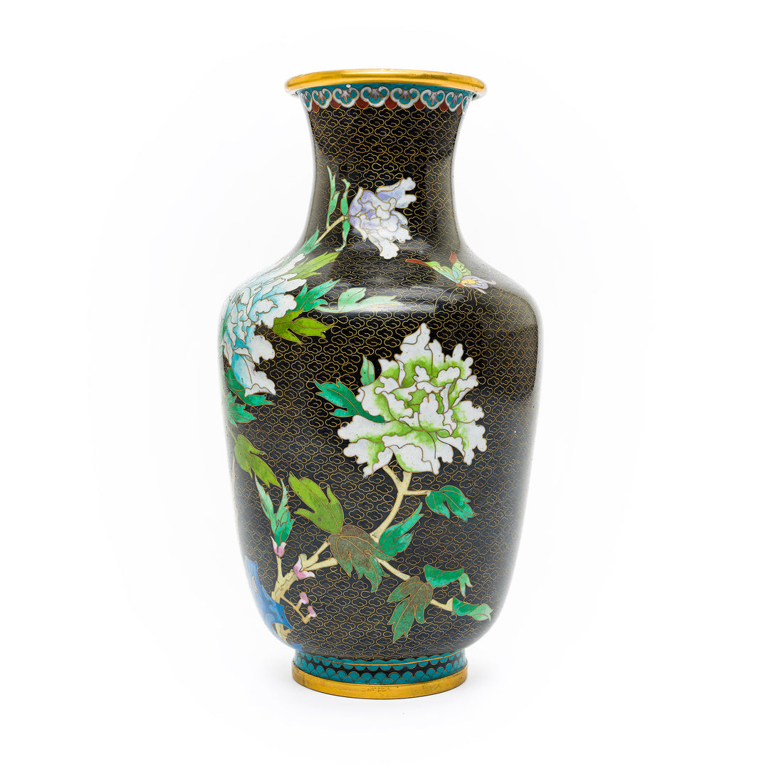 Elegant black cloisonné vase with golden accents