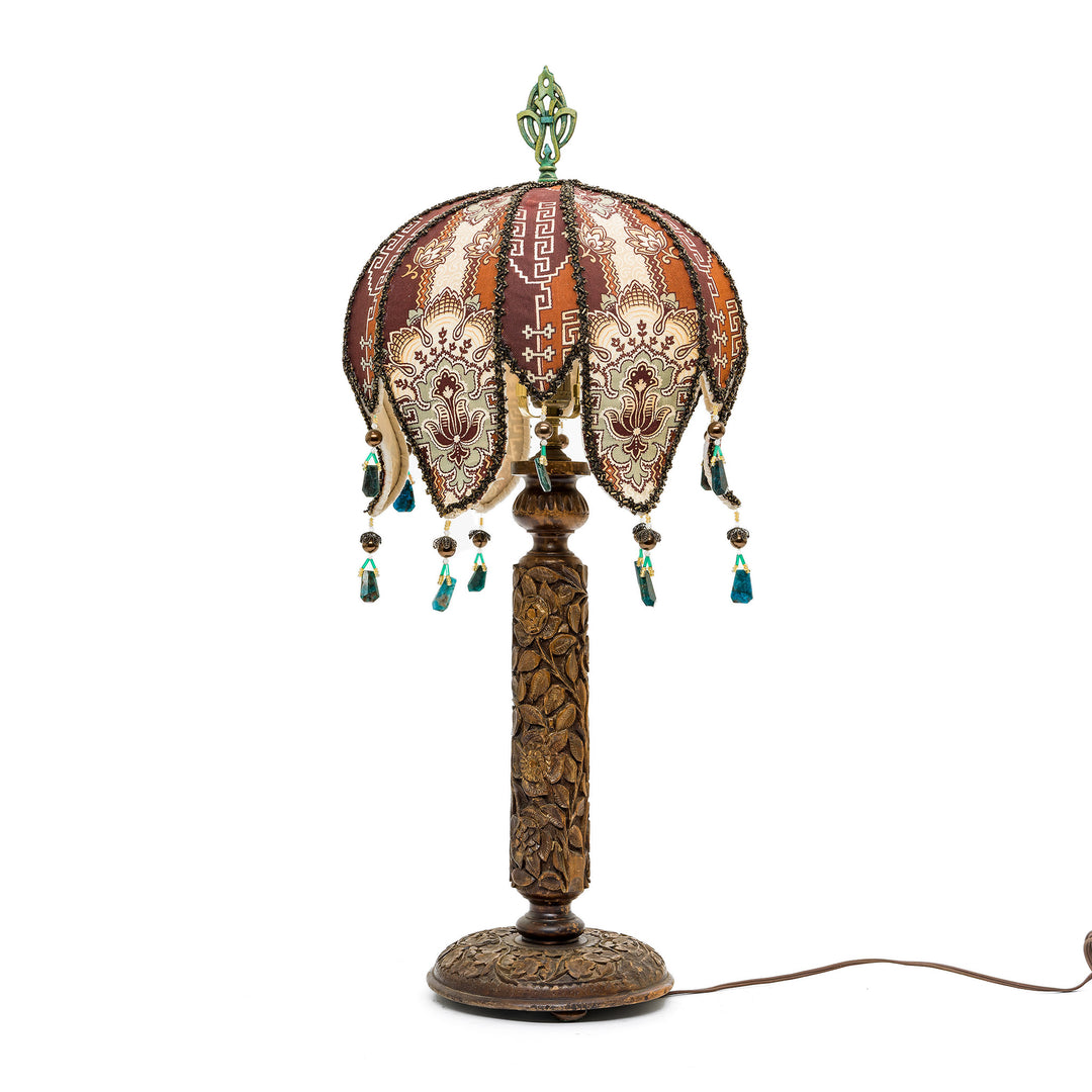 Bohemian-style antique lamp with jewel-toned beaded fringe