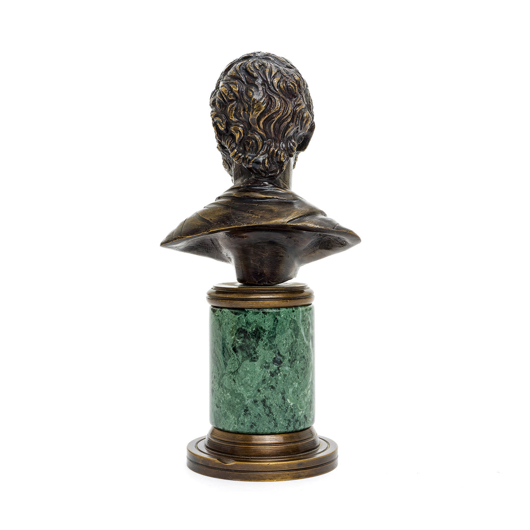 Italian bronze bust with a green marble base, ideal for sophisticated home or office décor.