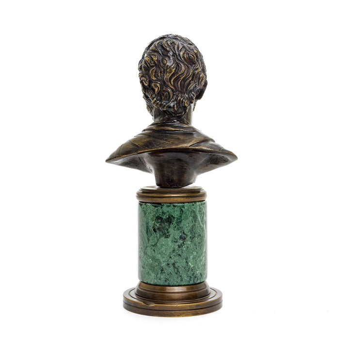 Italian bronze bust with a green marble base, ideal for sophisticated home or office décor.