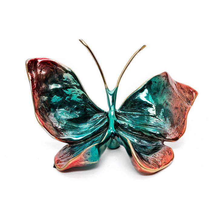 Bronze butterfly sculpture in teal and coral custom patina