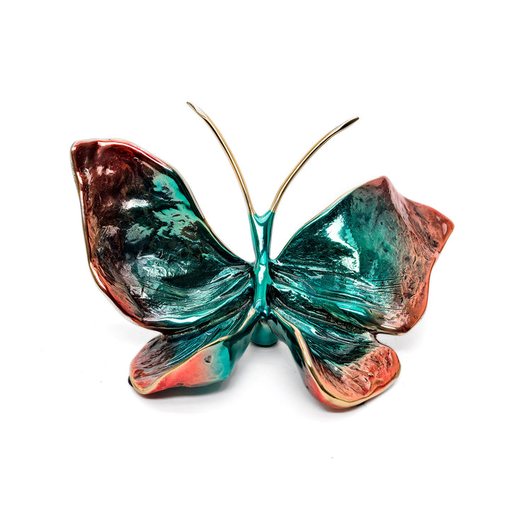 Bronze butterfly sculpture with turquoise and coral patina