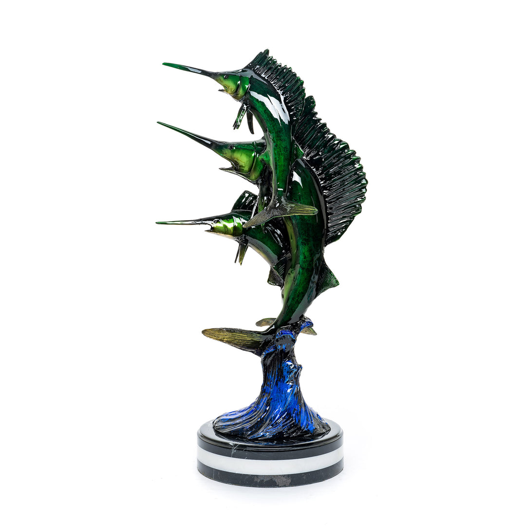 Bronze sailfish statue featuring custom Ferrari green patina.