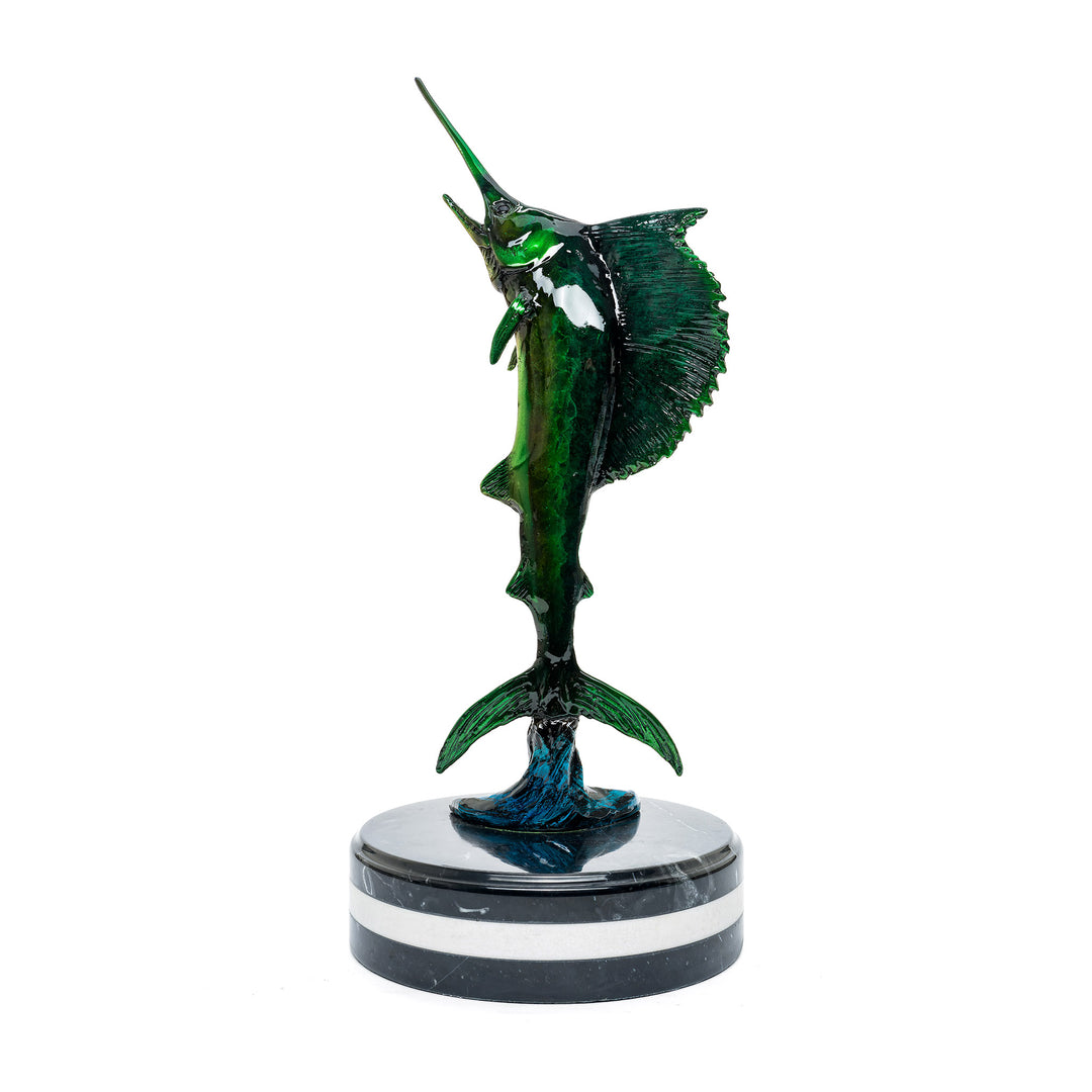 Closeup of bronze sailfish statue featuring custom green and blue patina by Muzika.