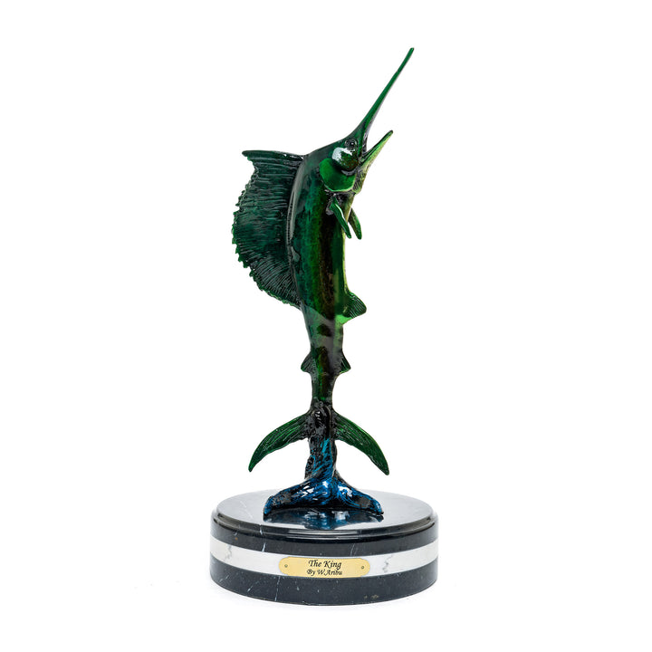 Bronze upright sailfish statue with custom Lamborghini and Ferrari paint patina.