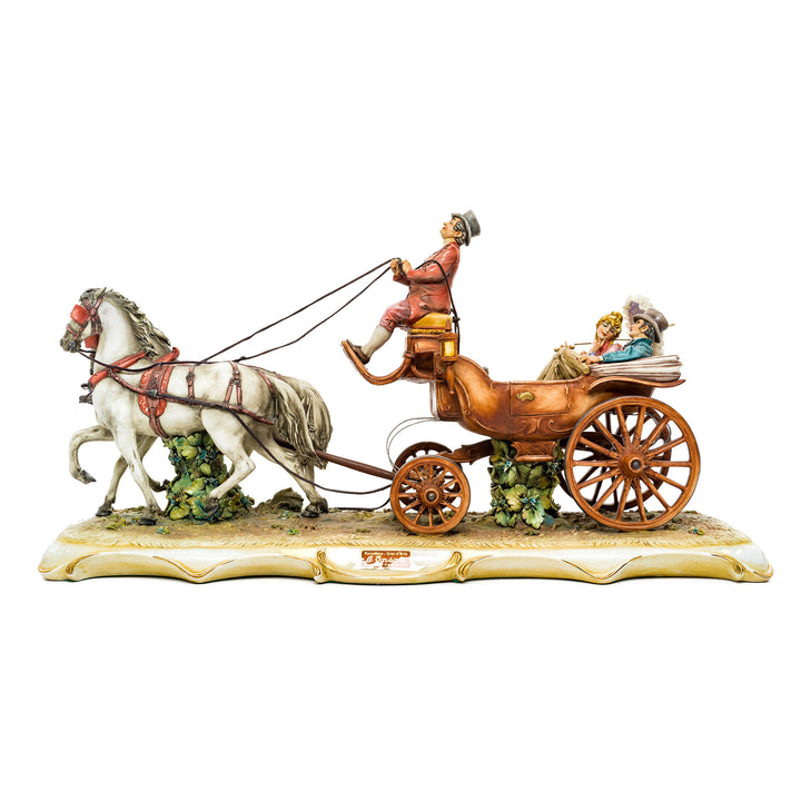 Capodimonte horse carriage porcelain sculpture with intricate hand-painted details.