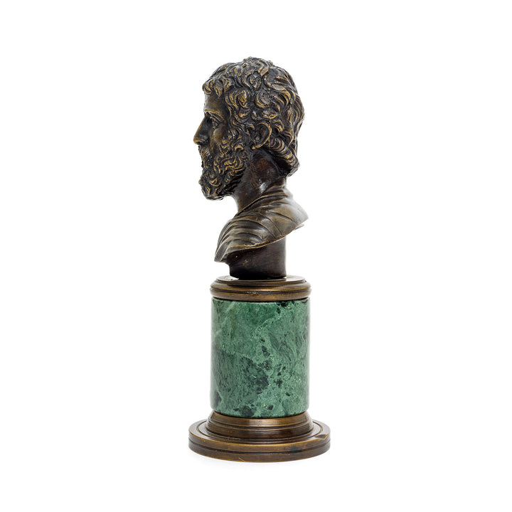 Classical Italian bronze bust sculpture with intricate details and a rich patina finish.