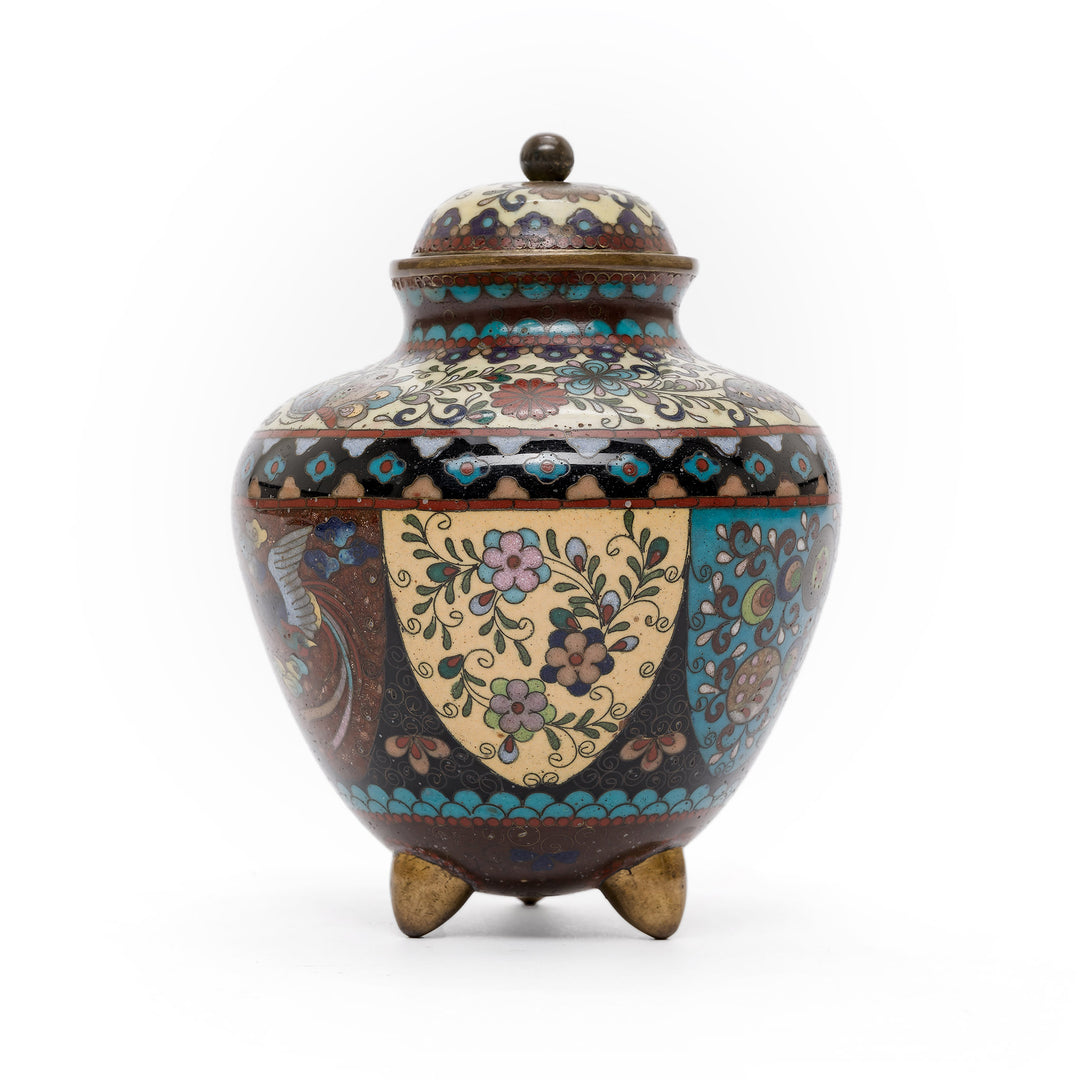 Front view of Cloisonné footed vase with lid