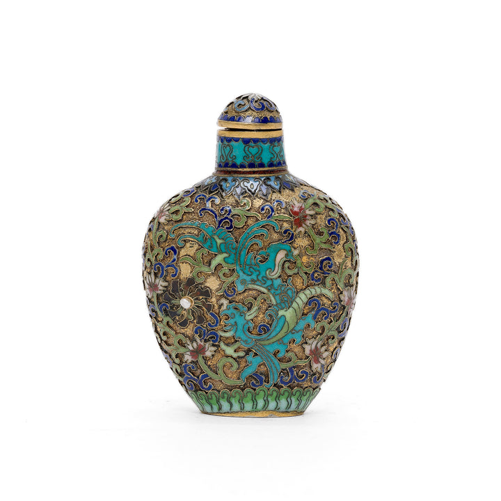 Front view of Cloisonné snuff bottle with floral patterns and enamel design