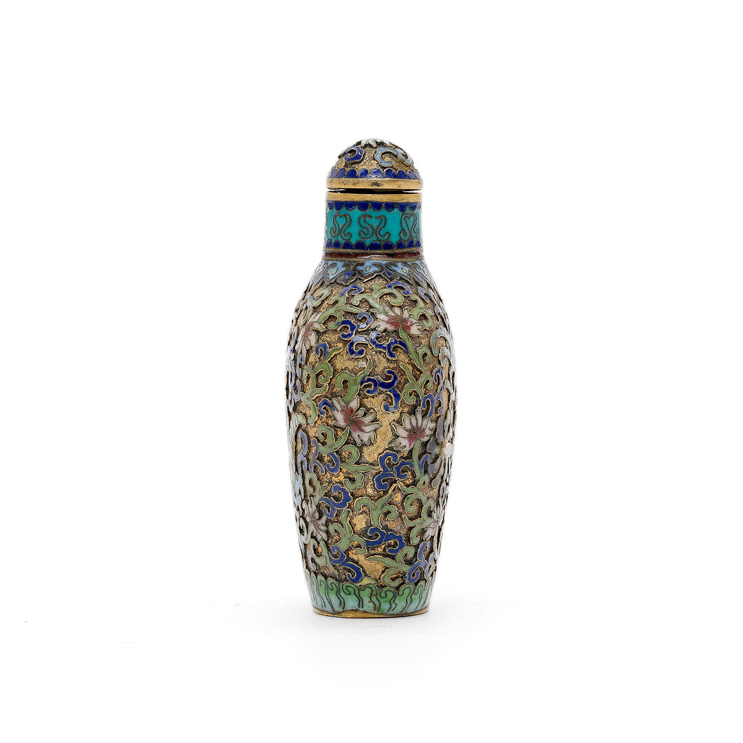 Domed Cloisonné snuff bottle lid with gold accents and blue enamelwork