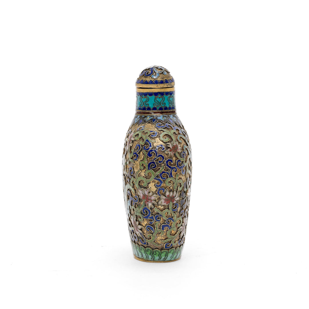 Side angle of vibrant Cloisonné snuff bottle showcasing ornate details