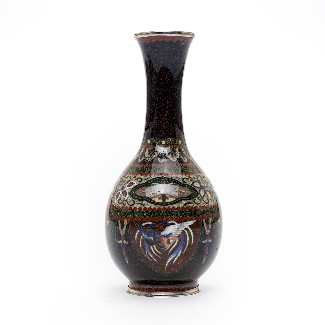 Front view of handcrafted Cloisonné vase with bird design