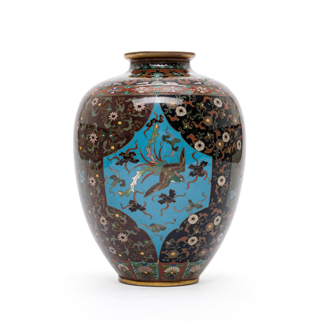 Front view of Cloisonné vase featuring a blue phoenix panel