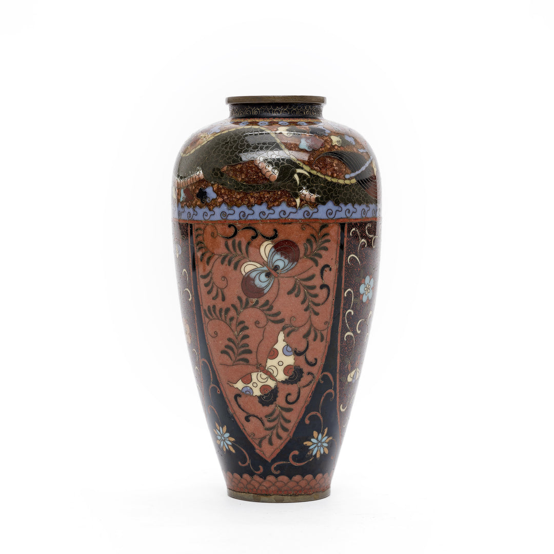 Front view of Cloisonné vase with intricate butterfly and dragon design