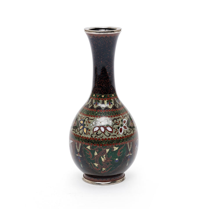 Side angle showing floral patterns on Cloisonné vase