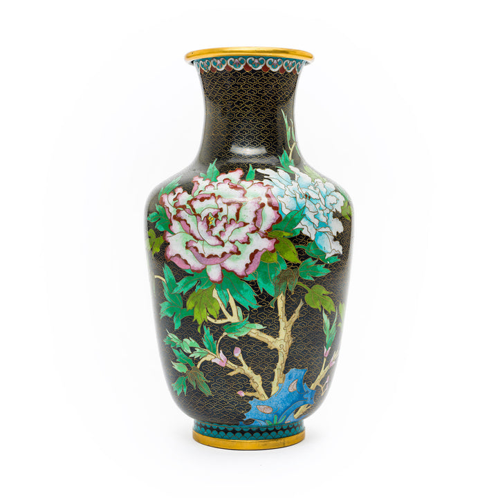 Cloisonné vase with hand-painted peony blossoms