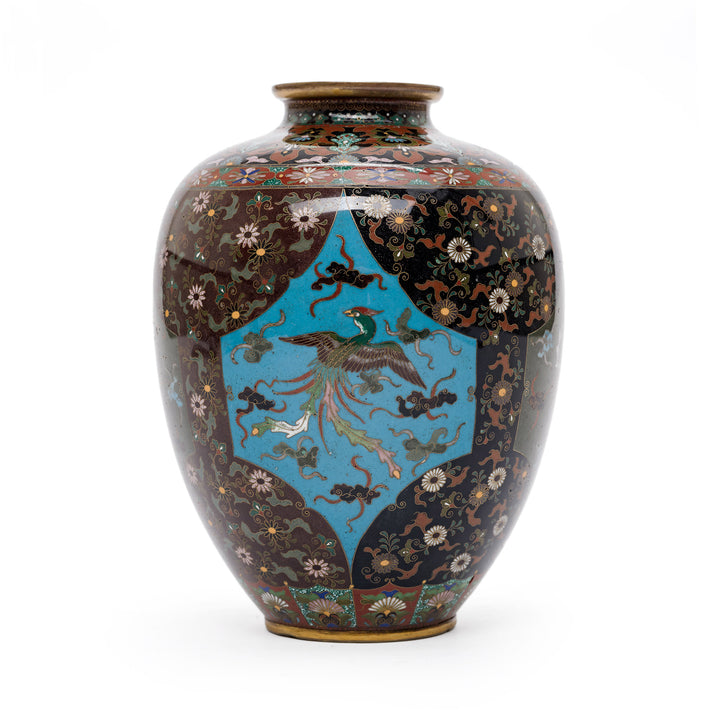 Back angle of Cloisonné vase showcasing phoenix design