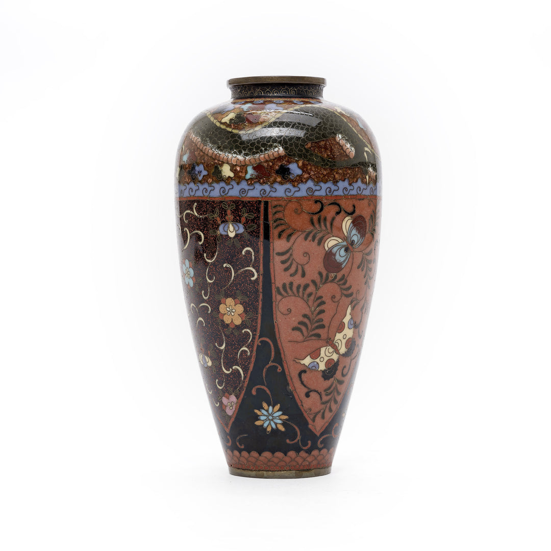 Rear angle of elegant Cloisonné vase with dragon motif