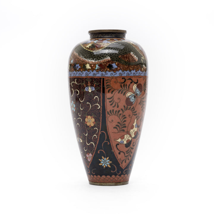 Rear angle of elegant Cloisonné vase with dragon motif