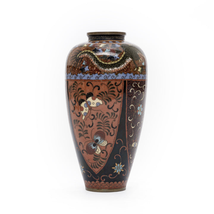 Side view of Cloisonné vase with floral and scrollwork designs