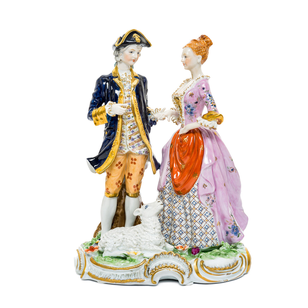 Colonial Courtship German porcelain figurine featuring a romantic couple and lamb.