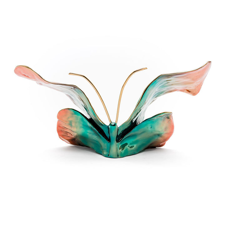 Rear angle of butterfly showing sculptural contours and color flow