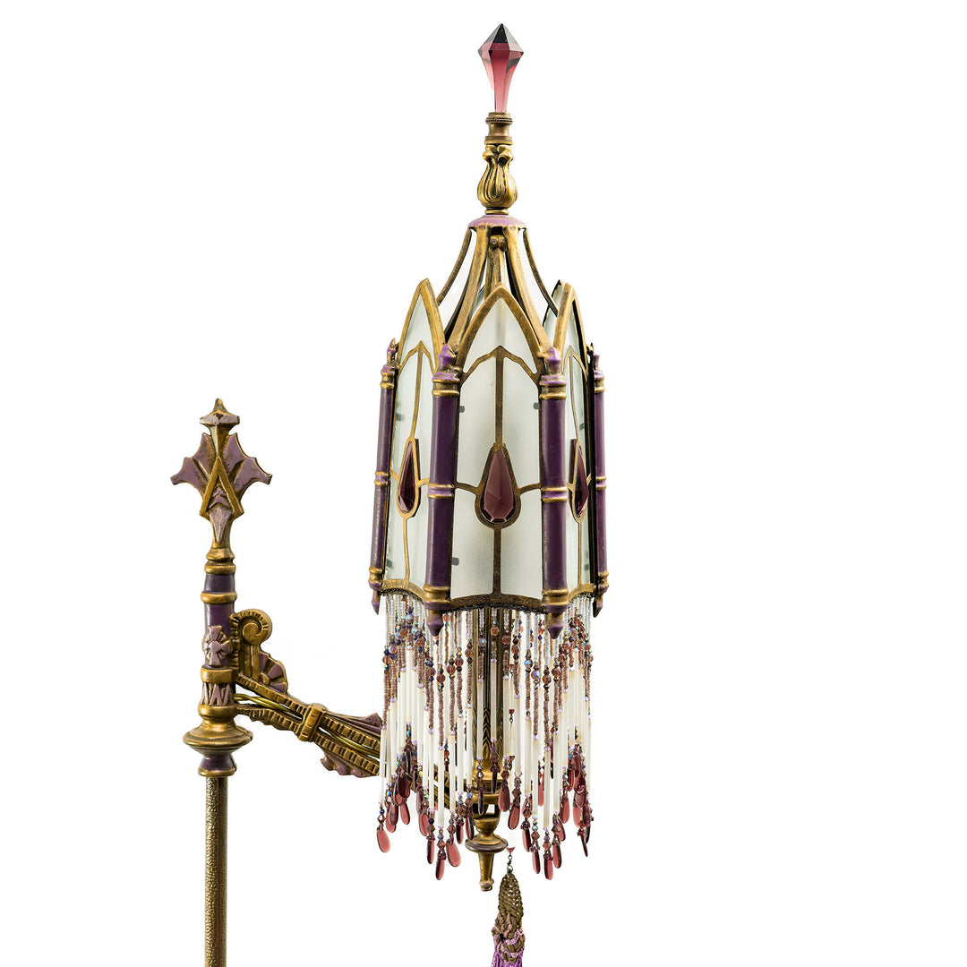 Elegant antique lamp with beaded fringe and stained glass