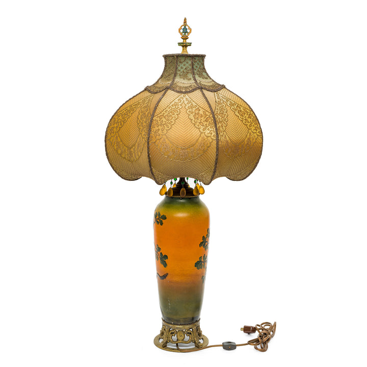 Elegant Art Nouveau lamp with bronze filigree and fabric shad