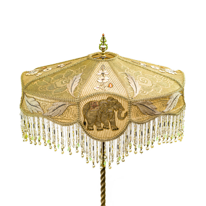 Elegant bronze floor lamp with embroidered shade