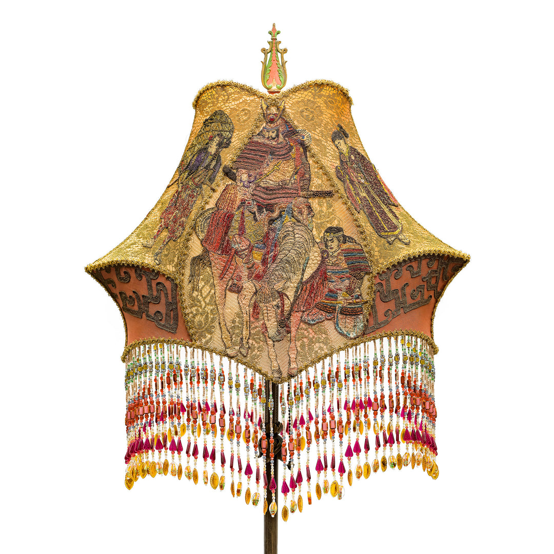 Elegant Oriental embroidered lamp with beaded fringe