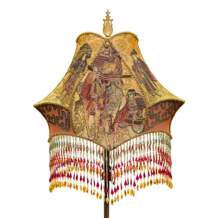 Elegant Oriental embroidered lamp with beaded fringe