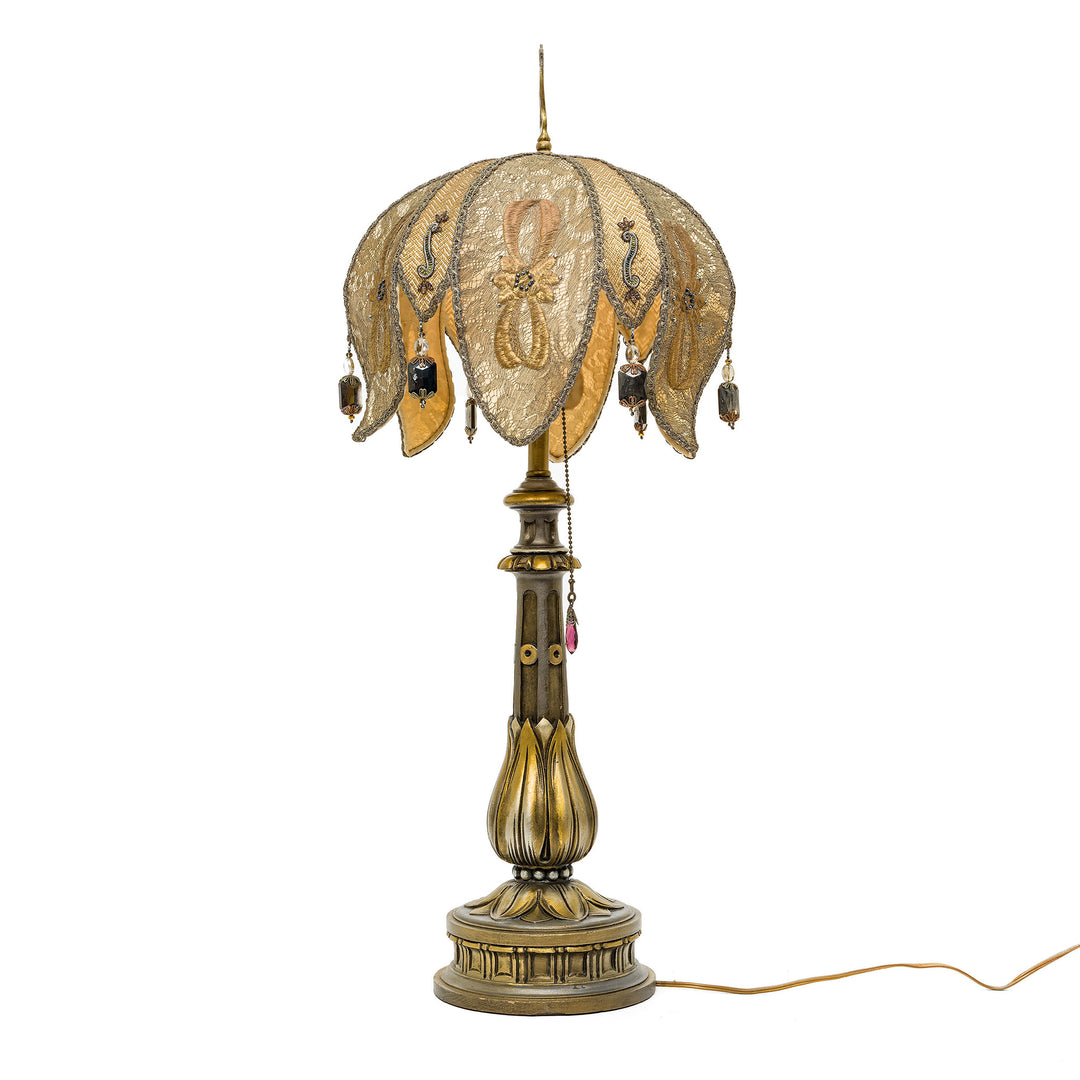 Elegant vintage bronze lamp with lace embroidery