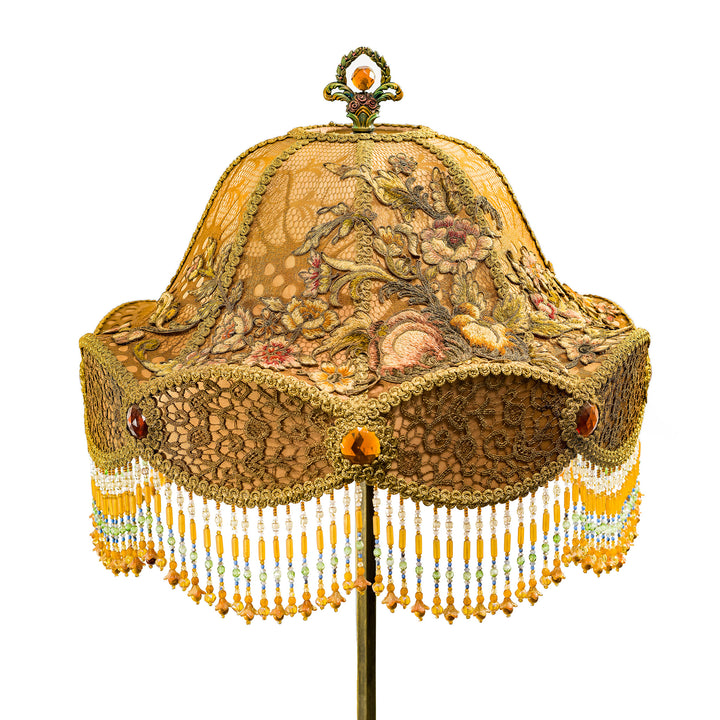 Embroidered floral lamp with scalloped shade and beadwork