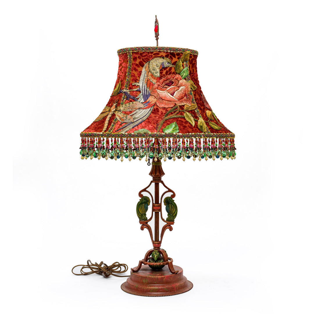 embroidered velvet lamp with peacock motif