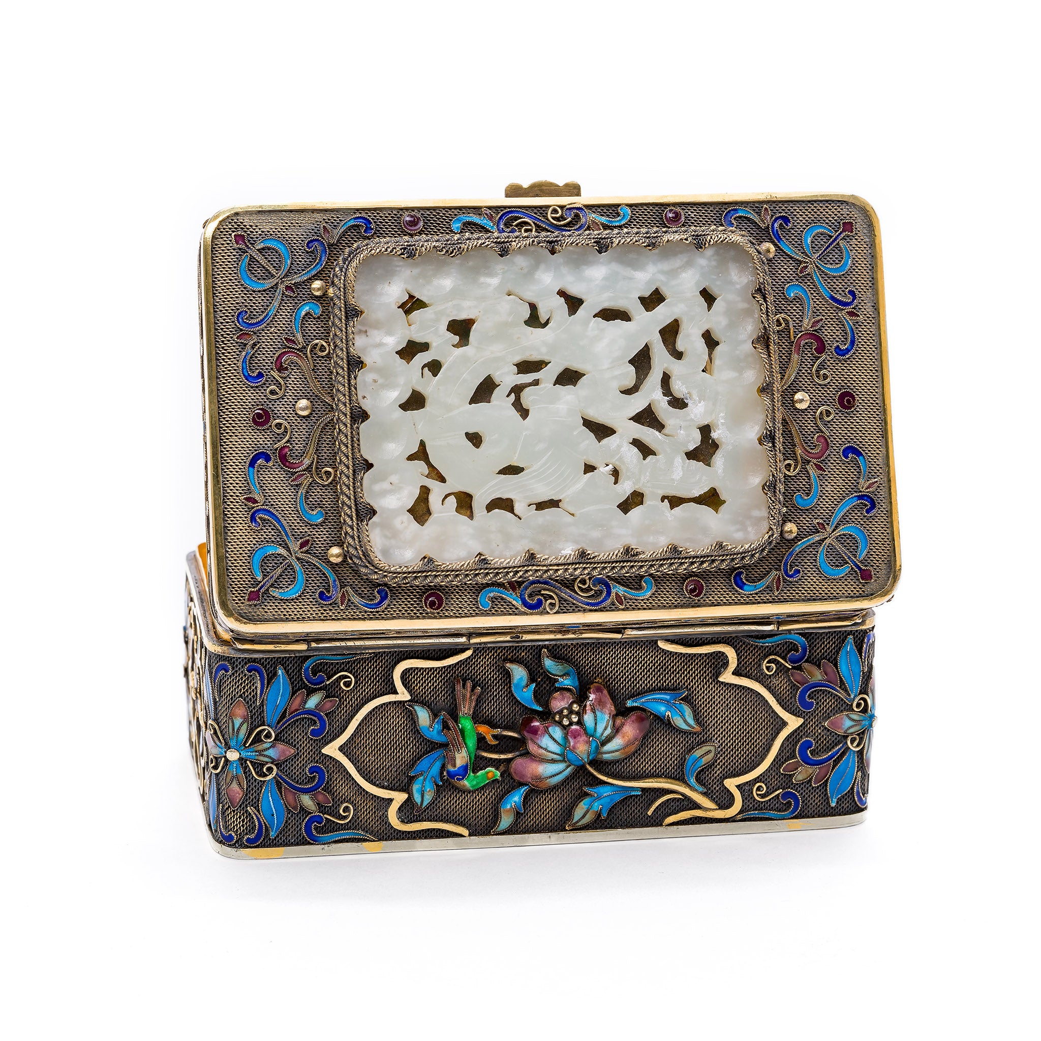 Chinese Cloisonné Silver Box with White Jade Inlay