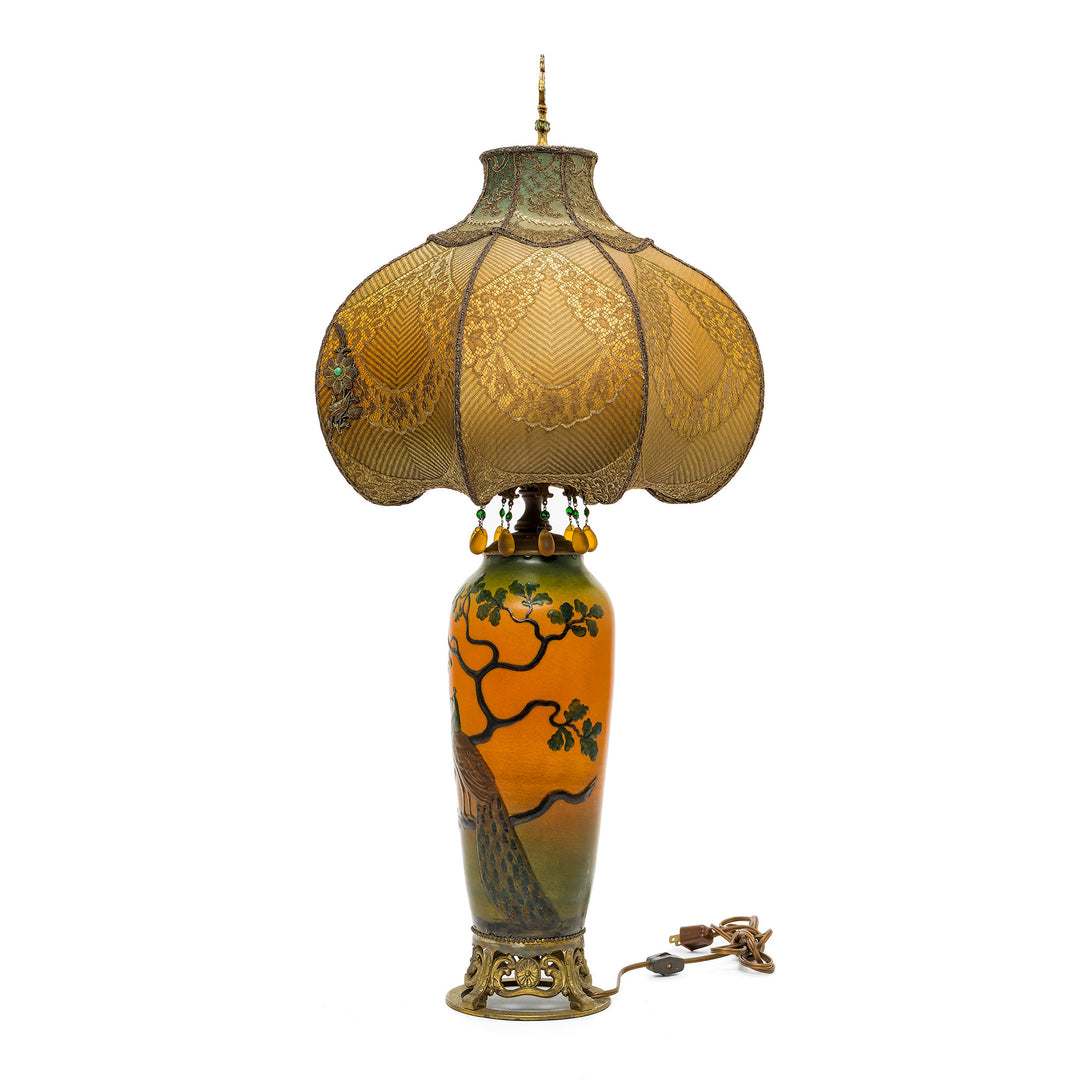 Exquisite antique table lamp with embroidered shade and beaded fringe