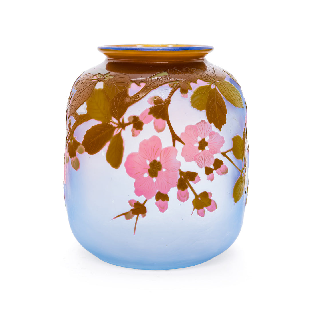 French cameo vase with raised pink blossoms