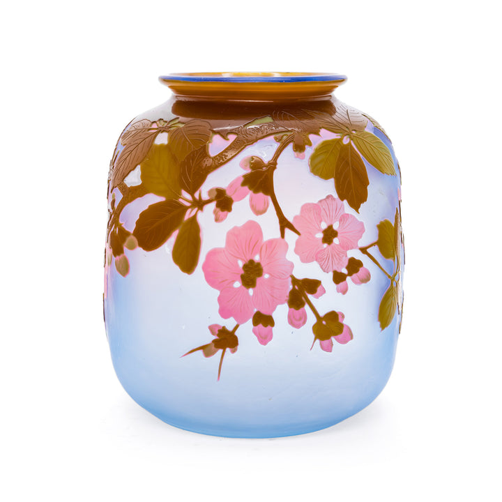 French cameo vase with raised pink blossoms