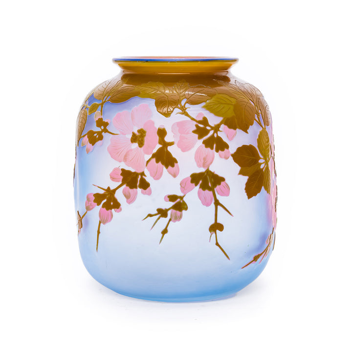 Galle cameo glass vase with pink enamel flowers