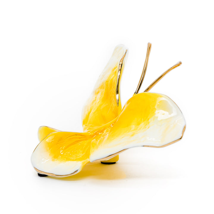 Side angle of glossy gold-edged butterfly figurine