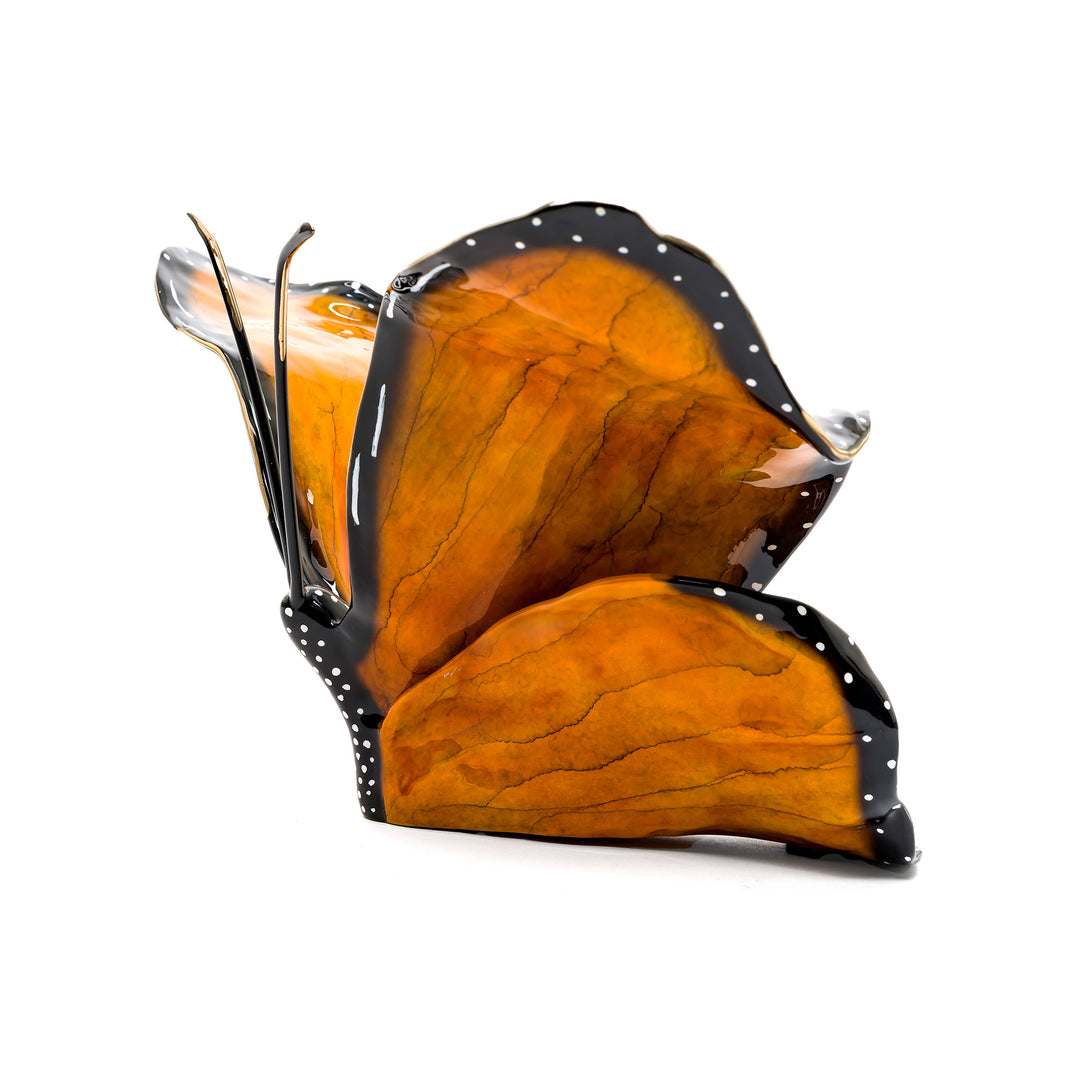 Glossy orange bronze butterfly with veined texture and enamel finish