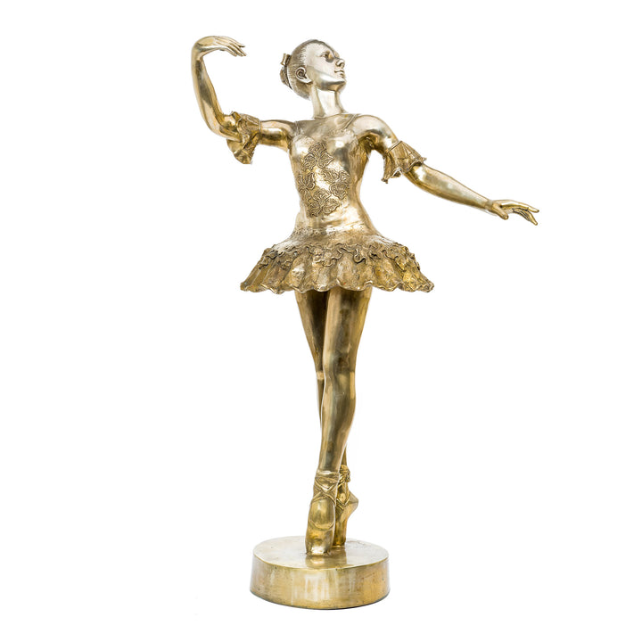 Graceful all-bronze ballerina statue with silver patina.