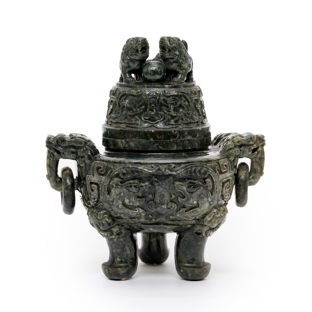 Hand-carved green jade incense burner with Foo Dogs