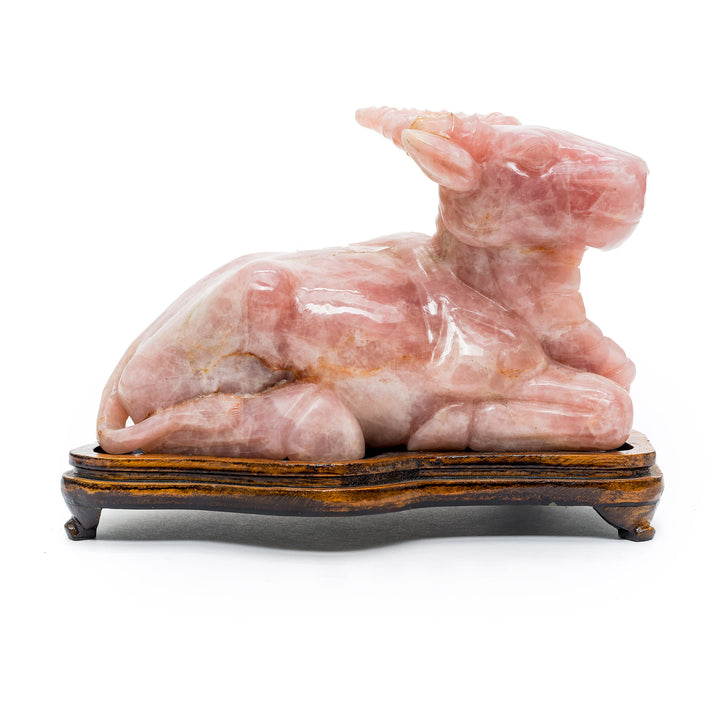 Hand-carved rose quartz water buffalo sculpture